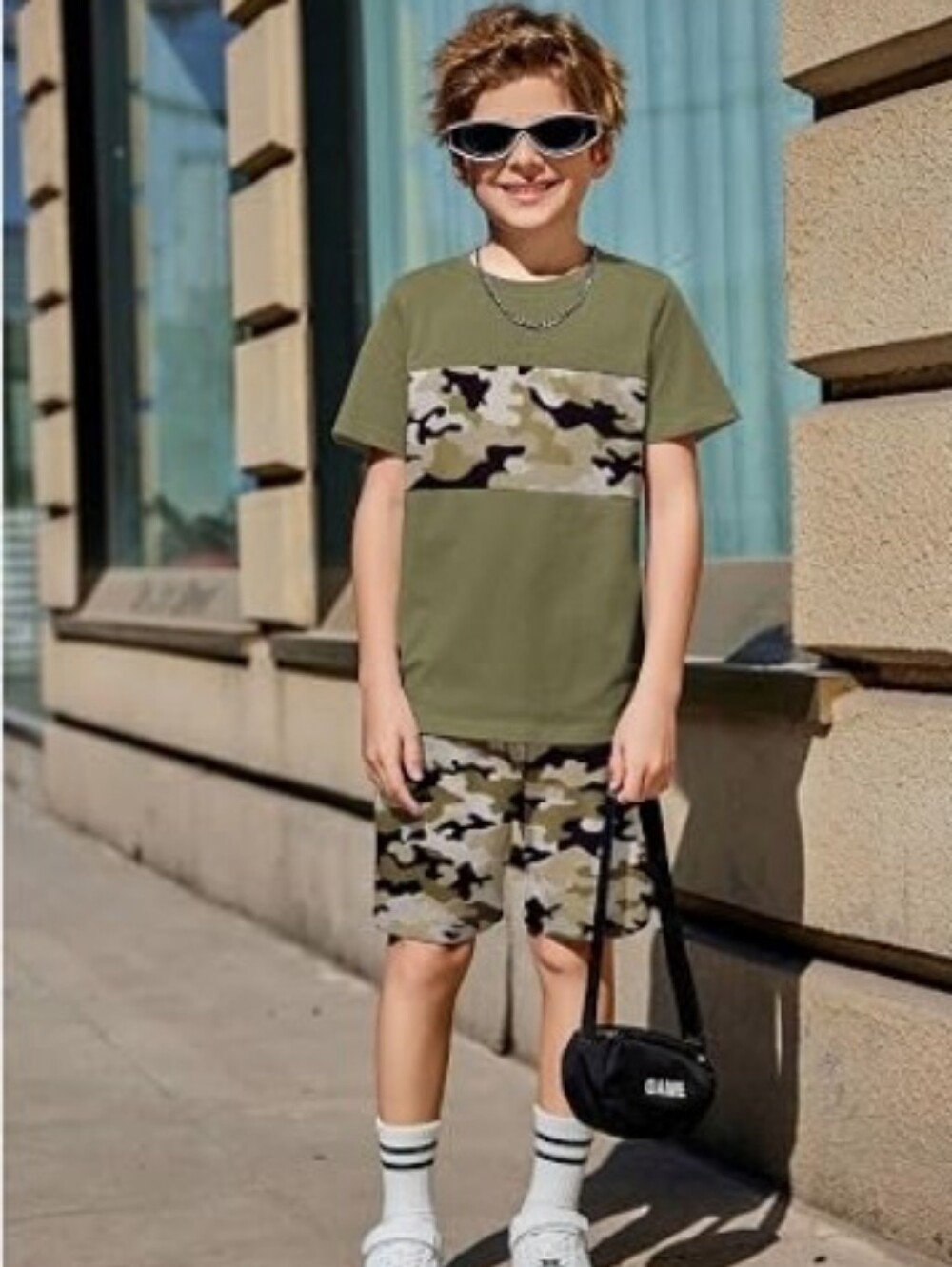 Boys 2-Piece Outfit Color Block T-Shirt and Shorts Set Army Green